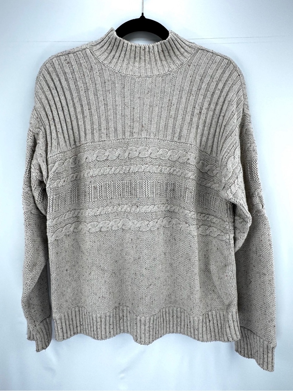 Prana Speckled Cream Cable Knit Wool Blend Turtleneck Sweater
